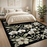 White Orchid Hibiscus Floral Area Rug on Black