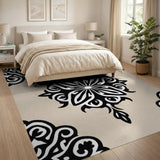 Ornate Black Floral on Beige Persian Area Rug