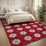 White Floral Lattice on Crimson Red Area Rug