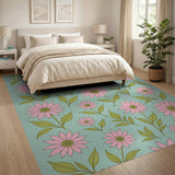 Pink Daisy Floral Area Rug on Teal