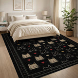 Whimsical Cat Faces Hearts Black Area Rug