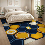 Modern Navy Yellow Hexagon Geometric Area Rug