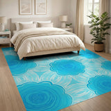 Retro Blue Swirl Floral Area Rug