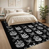 Black White Stylized Leaf Pattern Area Rug