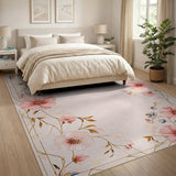 Pink Peony Floral Vintage Area Rug with Gold Frame