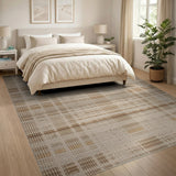 Beige and Neutral Distressed Beige Plaid Area Rug