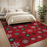 Festive Red Snowflake Geometric Red Area Rug