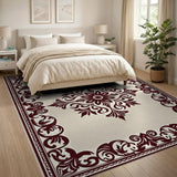Ornate Maroon Border Beige Persian Area Rug