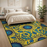 Vibrant Blue Sunflower on Yellow Floral Area Rug