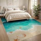 Coastal Beach Washable Area Rug with Ocean Waves and Starfish