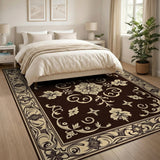 Ornate Beige Floral on Brown Area Rug