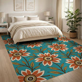 Vibrant Orange Floral Teal Area Rug
