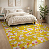 Yellow Sunny Yellow Floral Area Rug with Pink Blossoms