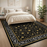 Black and Gold Ornate Floral Vine Area Rug