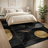 ODIKA Modern Abstract Black & Gold Washable Rug - Low Pile Non-Slip Area Rug