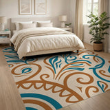Teal Swirl Floral Area Rug with Terracotta Accents