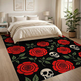 ODIKA Gothic Skull and Red Rose Washable Low Pile Non-Slip Area Rug