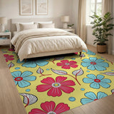 Vibrant Pink Blue Flowers on Yellow Area Rug