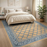 Beige Trellis Lattice Area Rug with Blue Border
