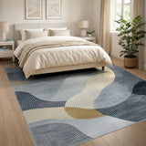 Abstract Navy Grey Gold Wave Area Rug