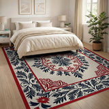 Ornate Cream Persian Medallion Rug with Navy Vines Red Borders