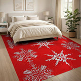Red Snowflake Area Rug with Intricate White Patterns