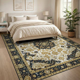Navy Ivory Gold Medallion Persian Area Rug