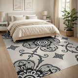 Ornate Black White Floral Vintage Area Rug