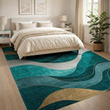Teal Abstract Wave Area Rug with Gold Accents