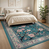 ODIKA Washable Teal Floral Area Rug - Pink Cherry Blossom Traditional Low Pile Non-Slip Rug