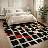 Bold Grid Geometric Area Rug in Black Red Gold