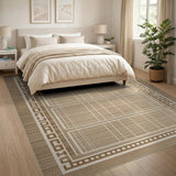 Tan Beige Geometric Grid Border Area Rug