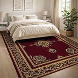 ODIKA Washable Vintage Ornate Burgundy Gold Rug - Low Pile Non-Slip Area Rug