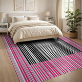 Pink Framed Black White Striped Rug