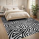 Intricate Black White Maze Wave Area Rug