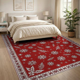 Festive Red Snowflake and Evergreen Branch Area Rug