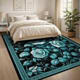 Elegant Teal Roses on Black Floral Area Rug
