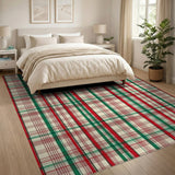 ODIKA Red and Green Christmas Plaid Washable Rug - Low Pile Non-Slip Holiday Area Rug