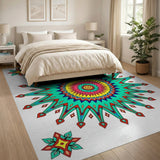 Vibrant Teal Sunburst Mandala Area Rug