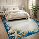 Coastal Starfish Seashell Blue Border Area Rug