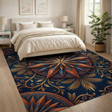 Navy Mandala Area Rug with Orange Gold Vines
