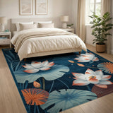 Navy Lotus Blossom Area Rug with Teal Leaves