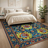 Persian Floral Medallion Area Rug in Vibrant Navy