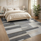 Modern Grey Geometric Block Area Rug with Gold Accents