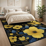Vivid Yellow Blooms Blue Leaves Black Rug