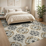 Ornate Grey Gold Floral Medallion Area Rug