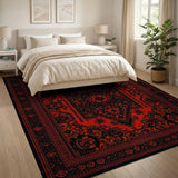 ODIKA Washable Red Traditional Medallion Area Rug - Low Pile Non-Slip