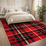 Bold Red Plaid Area Rug with Cannabis Leaves