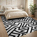 Intricate Maze Black White Geometric Area Rug
