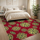 Vibrant Red Gold Floral Geometric Area Rug